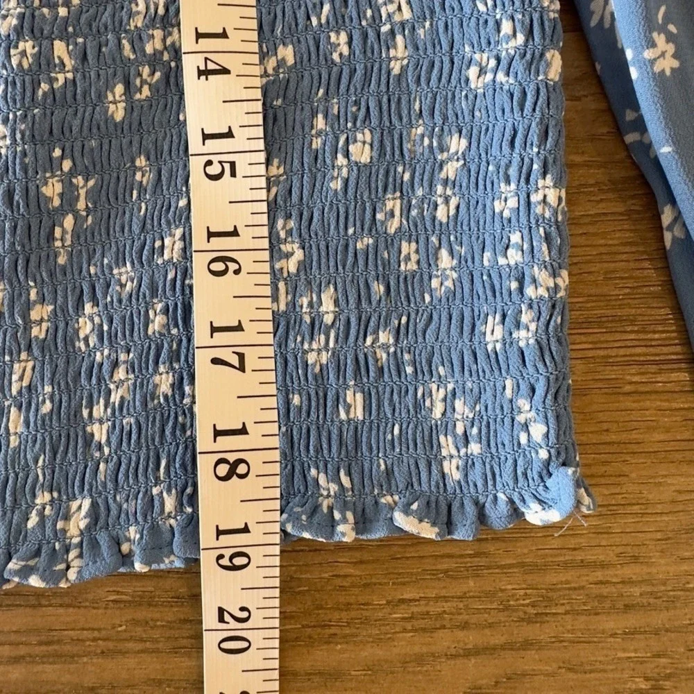 Reformation Pinto Top-Lassen Blue Floral-Smocked Georgette Long Sleeve Blouse-M